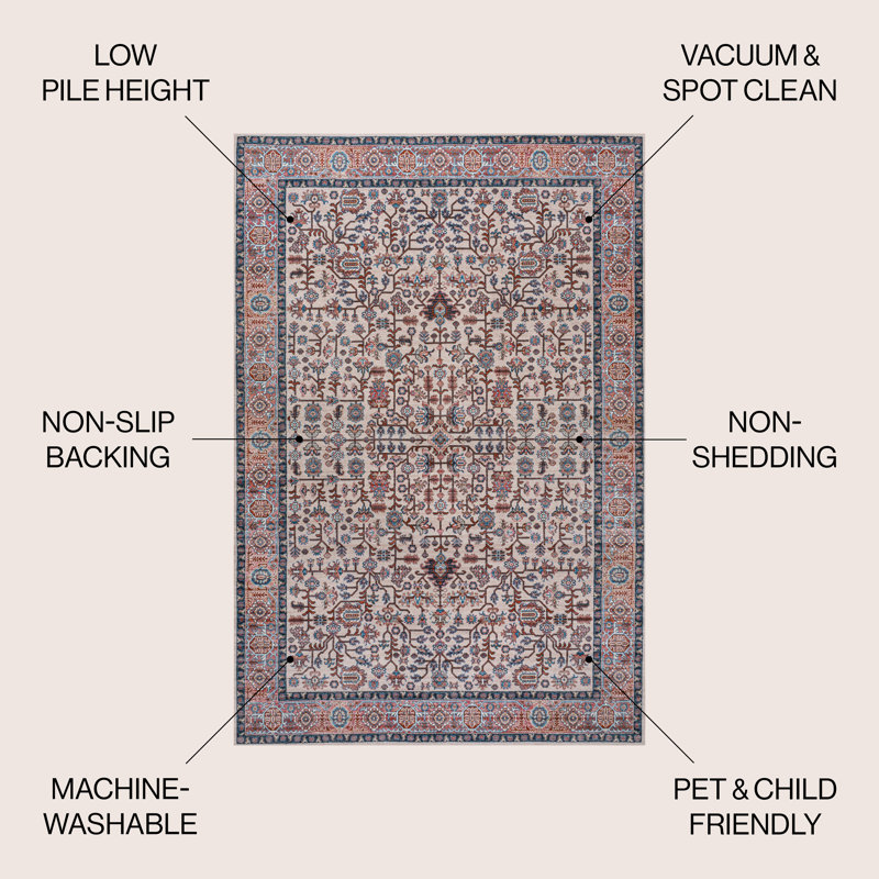 Kemer All-Over Persian Machine-Washable Beige/Red/Blue Rug, Rectangle 2'11" x 5'