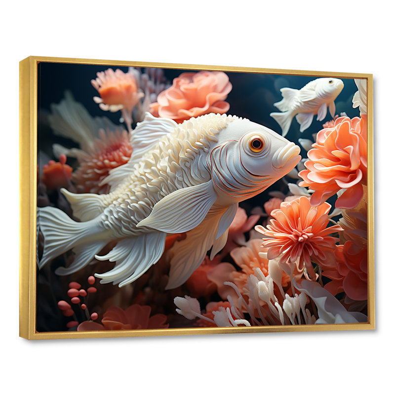 «White Pufferfish Elegance» sur toile imprimée, H 24 po x l 32 po x P 1 po, Cadre flottant doré