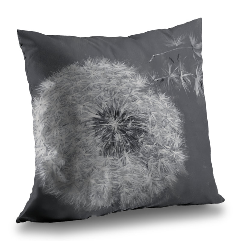 Blowing Dandelion Monochrome Flowers Throw Pillow – Poly Twill Throw Pillow with Insert, Double-Sided Print