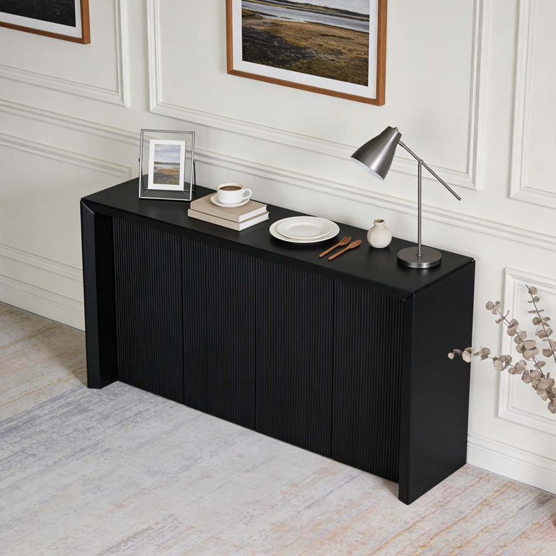 Wood Veneer Simple Entryway Table with Wavy Design, Black