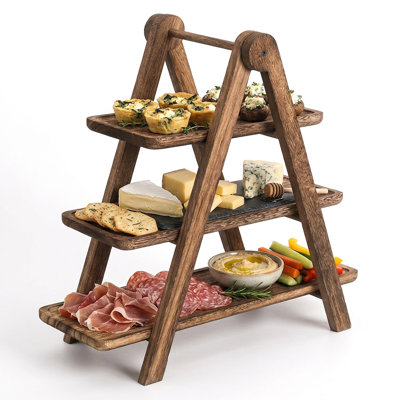 3-Tier Collapsible Wood Tray Stand, Paulownia Finish Multi-Level Display Rack with Detachable Trays for Kitchen Counter & Table