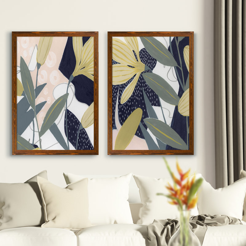 Flores Noche IV - Ensemble de 2 peintures sur toile encadrées, H 24 po x l 18 po x P 1,25 po, Toile avec cadre érable