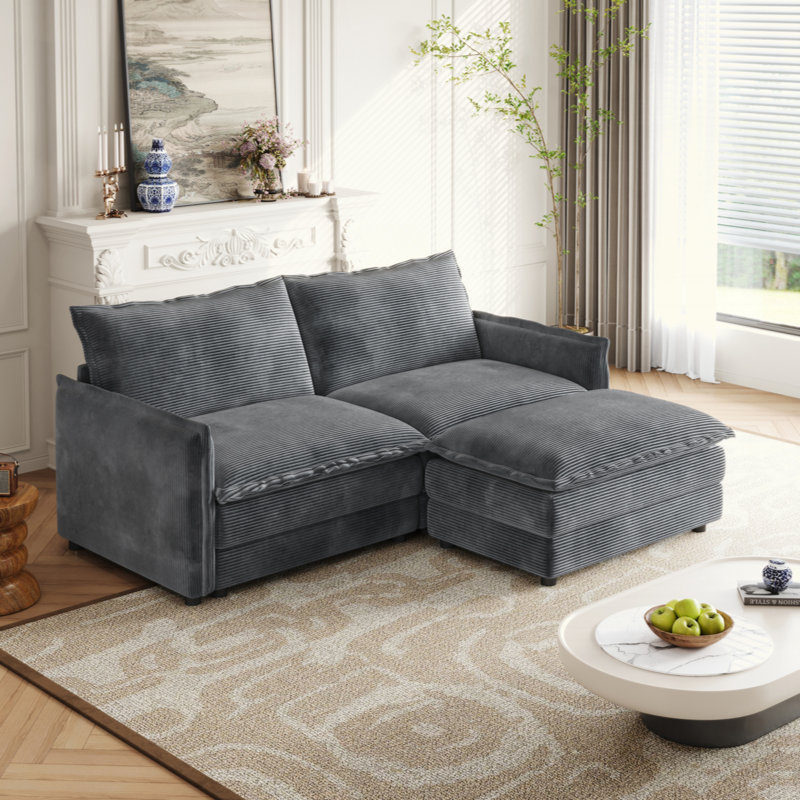 Corduroy Fabric Loveseat Sofa Couch with 1 Footrest for Living Room, L-Shaped Sectional with Ottoman, Upholstered Large Size Deep Sofa with Cushions