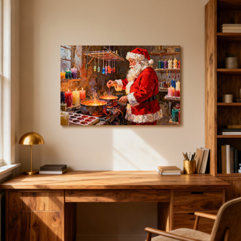 Noël père Noël cuisinant dans un atelier avec des bougies, H 32 po x l 48 po