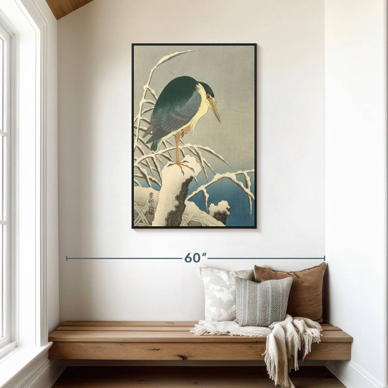 Héron dans la neige, Cadre flottant noir, 29 po x 43 po