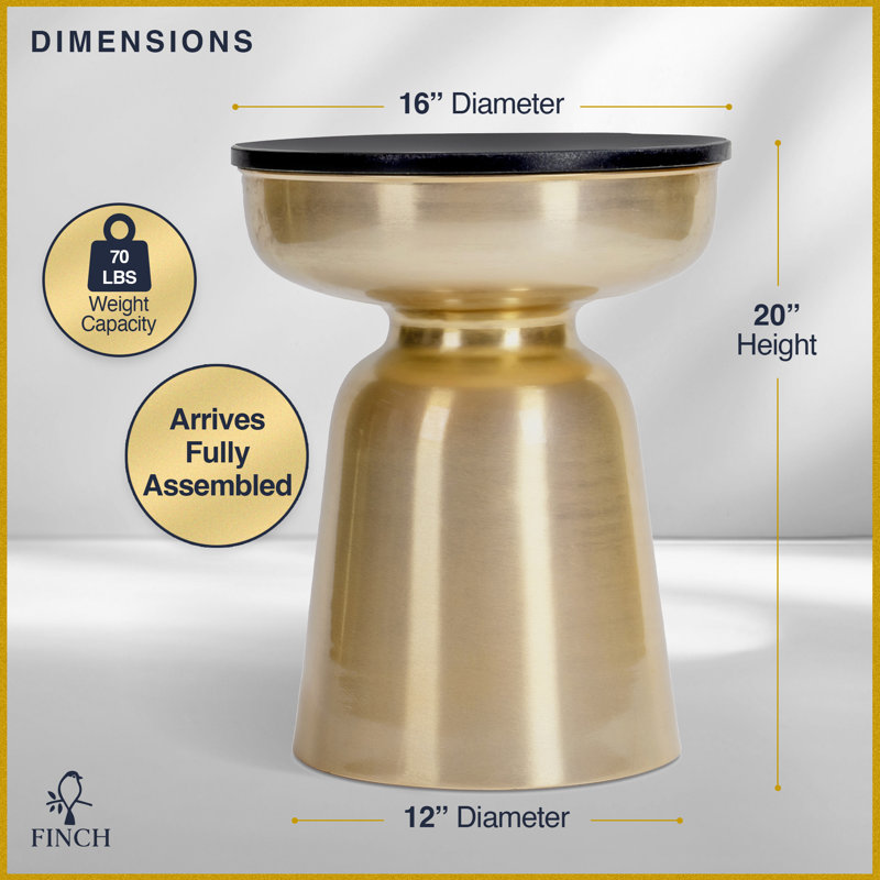 Finch Adler Rothko Accent Side Table, Granite Top, Brushed Brass or Rose Gold Base, Hourglass Shape, Black, Antique Brass