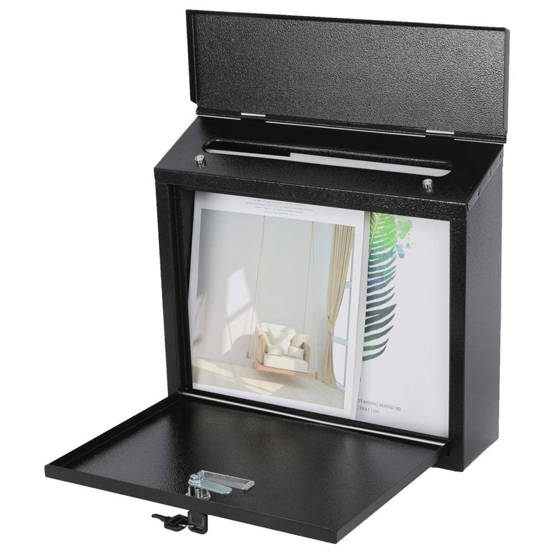 Mail Boxes With Key Lock,Locking Mailbox Wall Mounted,Security Mailbox With Lock And Key,Large Capacity,Steel Cover Metal Postbox For House,14.2X 4X 12.6 Inch, Black