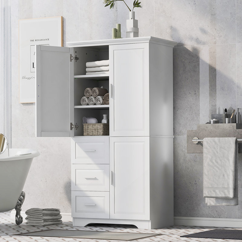 Armoire de rangement avec portes et trois tiroirs pour la salle de bain, Blanc