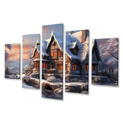 «Winter Snowy Cottage III», impression d'art mural - 5 panneaux