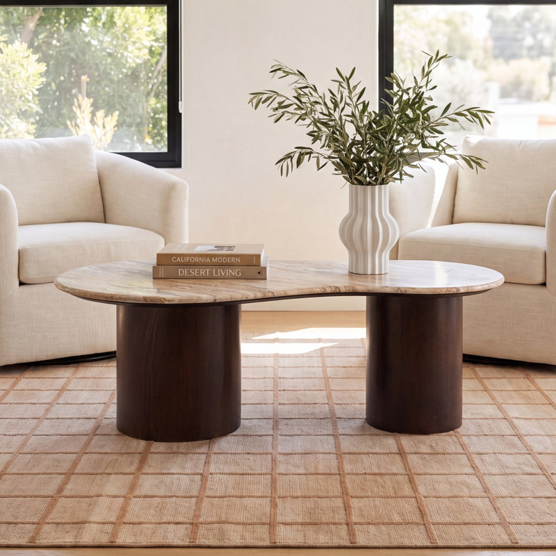 Marble and Mango Wood Organic Shaped Coffee Table, Walnut
