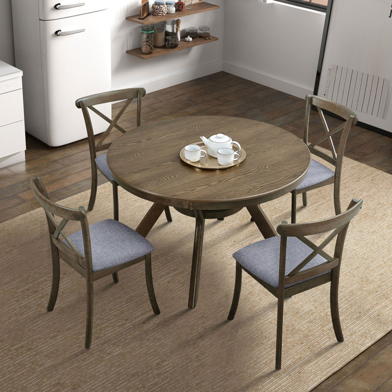 Table ronde moderne 5 pièces Mid-Century et 4 chaises rembourrées à dossier croisé, Chêne / gris, Chêne