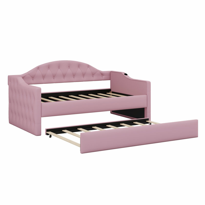 Tufted Upholstered Daybed With Trundle, With USB&Type-C Charging Ports, Pink