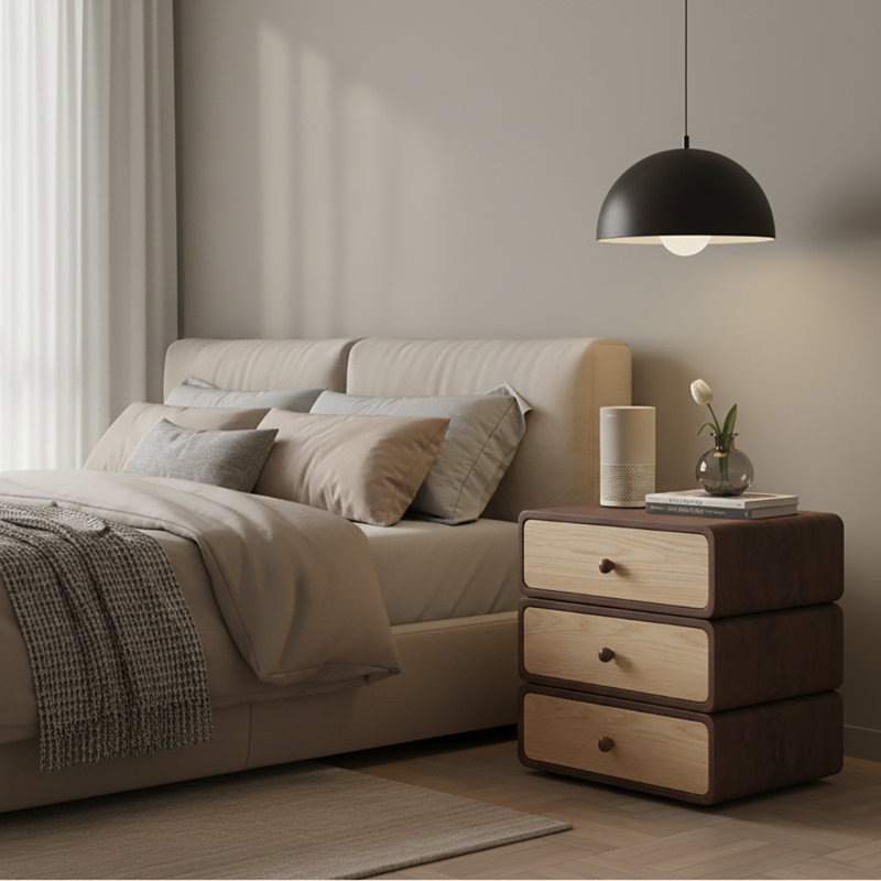 Rotating Solid Wood Nightstand with Interlocking Drawers