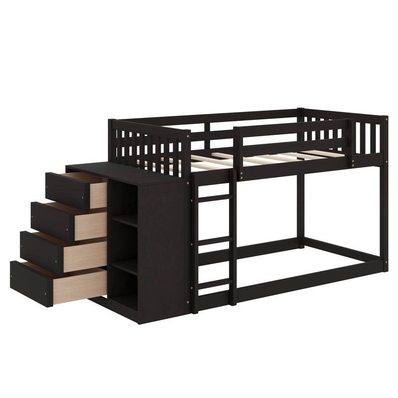Lit superposé simple au-dessus de simple fonctionnel avec tiroirs de rangement et étagères, Espresso