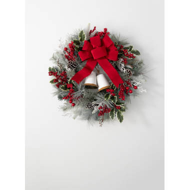 Christmas Wreath With Poinsettia and Peacock Ribbons