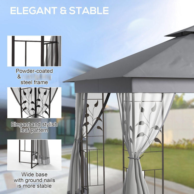Tente de pavillon de jardin grise avec toit ventilé et coins stables 10 pi x 11,5 pi détectés, gris, pour le jardin, la pelouse, la cour arrière, la terrasse