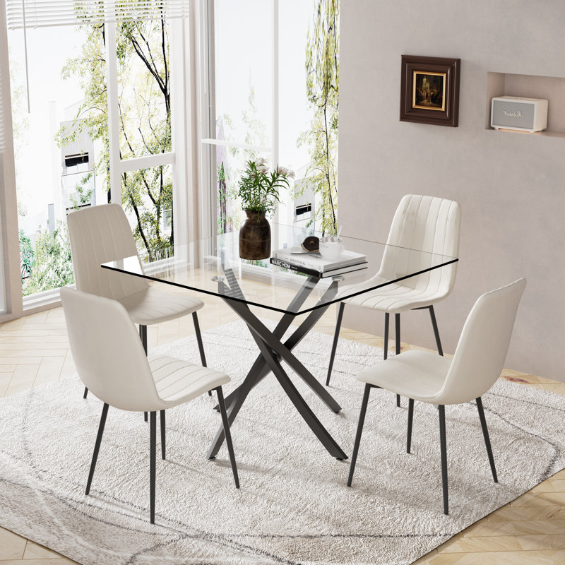 Ensemble de salle à manger à piédestal carré avec chaises en velours, 5, Beige