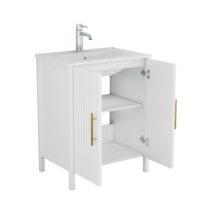 Meuble-lavabo de 61 cm avec lavabo intégré, porte à panneaux ondulés blanc brillant, poignées en métal doré, tablette réglable, meuble de rangement moderne autoportant pour salle de bain.
