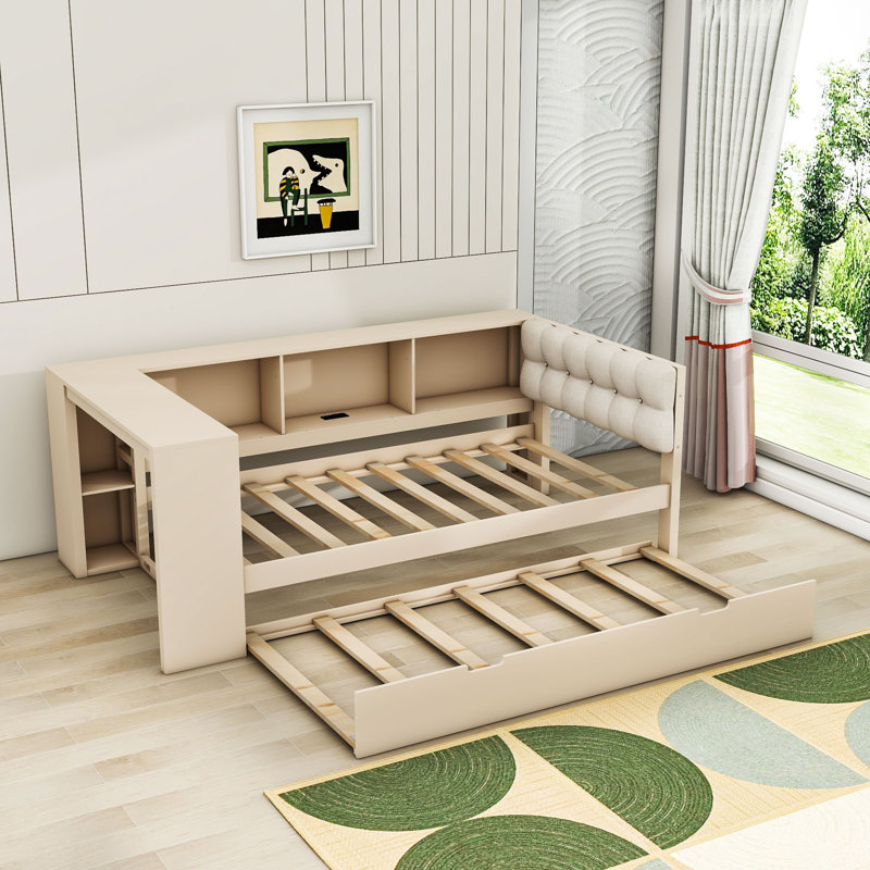 Lit de jour en bois avec couchette, station de charge et tablettes de rangement, Lit simple, Crème
