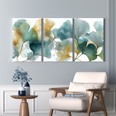Ginkgo Leaves Abstract Watercolor Canvas Wrapped Wall Art Oil Painting Print Set Of 3 For Living Room Bedroom Home Decor