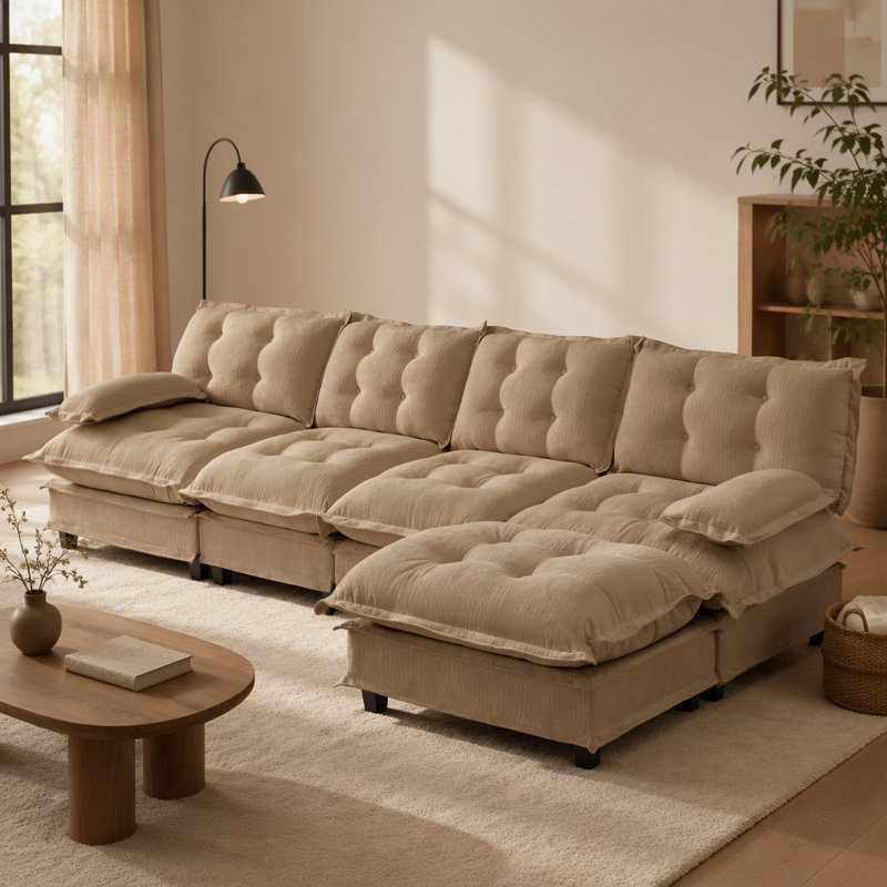 Canapé moderne en forme de L de 138 pouces avec repose-pieds, assise profonde en chenille 4 places, coussin en treillis confortable, café clair