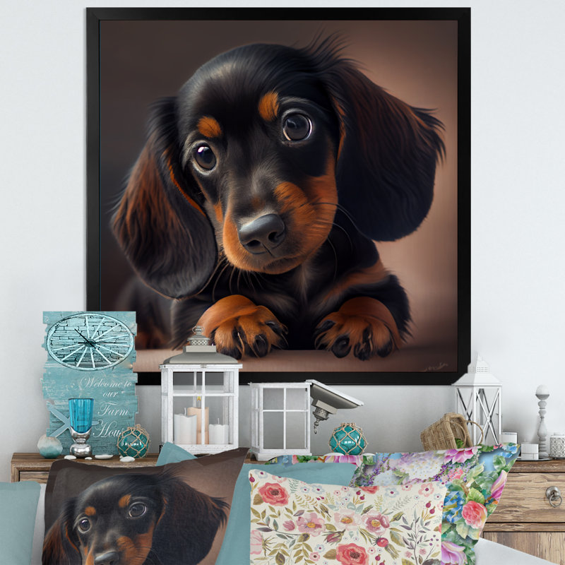 Mignon chiot teckel - impression de chien teckel, Impression noire sur toile encadrée, H 16 po x l 16 po x P 1 po