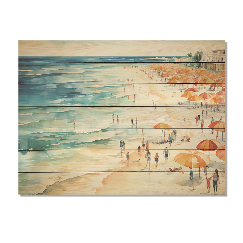 Beach Day Umbrella Parade V - Sable de plage côtière sur bois, H 30 po x l 40 po x P 0,78 po