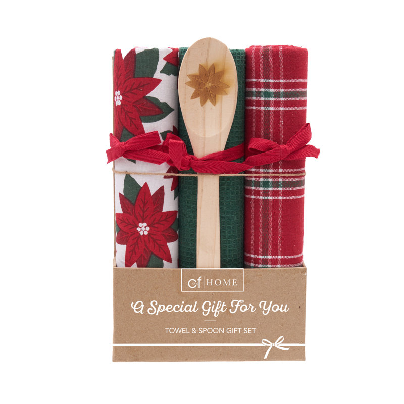 Poinsettia Plaid Towel & Spoon Gift Bundle Set of 4