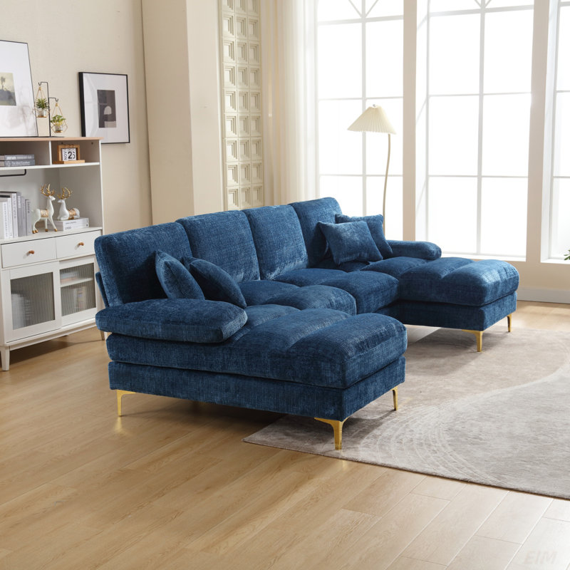 Canapé modulaire moderne en U en chenille, Chenille bleu