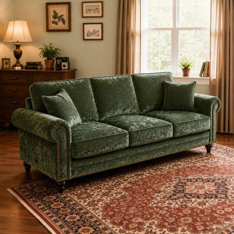 Canapé moderne en chenille avec sièges profonds, coussins de soutien et confort de salon raffiné, Vert