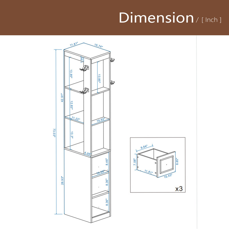 73" Tall Slim Storage Cabinet, 3-Tier Media Storage Cabinet With 3 Drawers And 2 Hooks, Bookcase Display Storage Shelves, Cube CD, DVD, Game Console Storage Cabinet