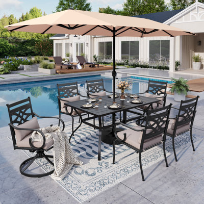Ensemble repas d'extérieur pour 6 personnes avec parasol Alyah et 2 chaises pivotantes