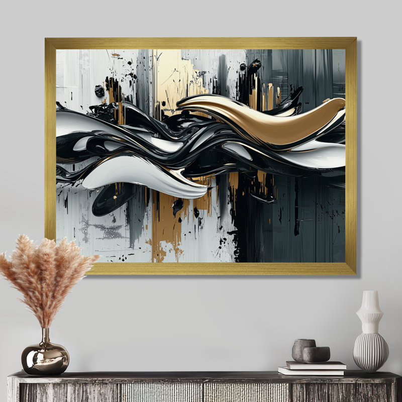 Widger Goldern «Black Shifting Ink Waters I» - art mural transitionnel, H 30 po x l 40 po, Doré