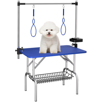 36 Inch Foldable Dog Grooming Table, Adjustable Height Pet Grooming Station with Stainless Steel Frame, Grooming Arm, Nooses, Mesh Storage Tray & Height Adjustable Tool Caddy