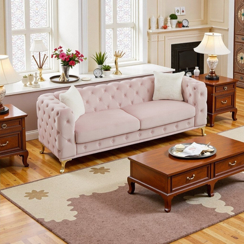 Canapé en velours 82,5 pouces avec boutons matelassés Chesterfield, Rose