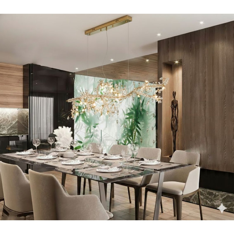 Lustre 20 lumières dorées avec cristaux transparents et champagne