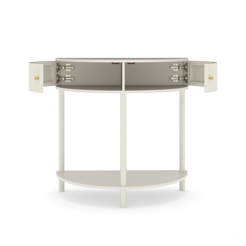 Unique Half Moon Design End Table with 2 Storage Drawers and Bottom Shelf, Cream White
