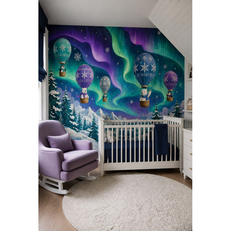 Décoration murale amovible Aurora Borealis, ciel étoilé, animaux arctiques, 100"x96", Peel and Stick