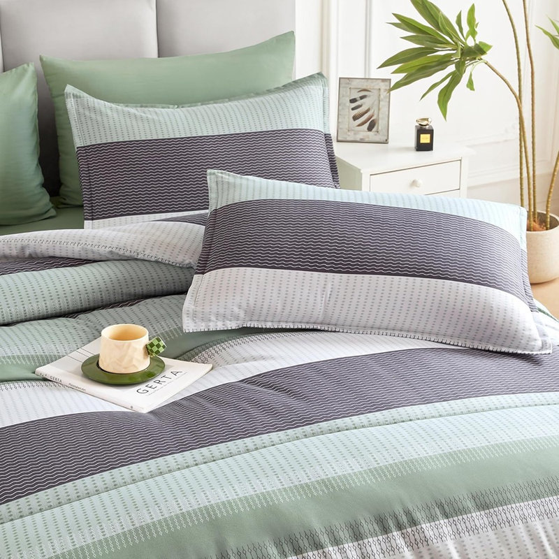 Ensemble d'édredon pour grand lit Sage Green - ensemble de literie en microfibre à rayures 7 pièces