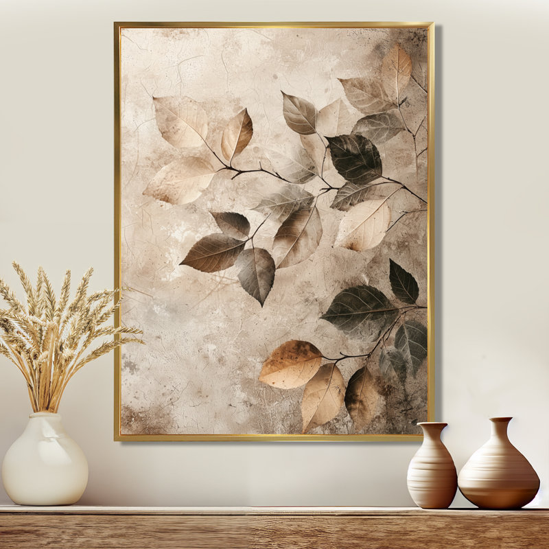 Taupe feuilles mosaïque collage IV - feuilles, art mural, H 32 po x l 16 po, Impression encadrée, Doré