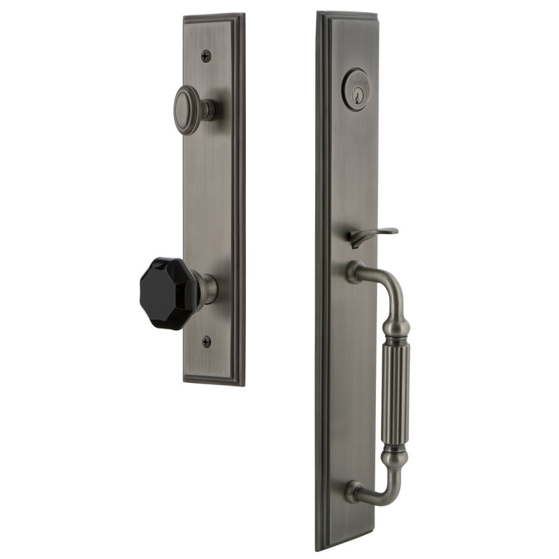 Carré Handleset with Single Cylinder Deadbolt and Lyon Door Knob and Rosette, Antique Pewter, 2.375"
