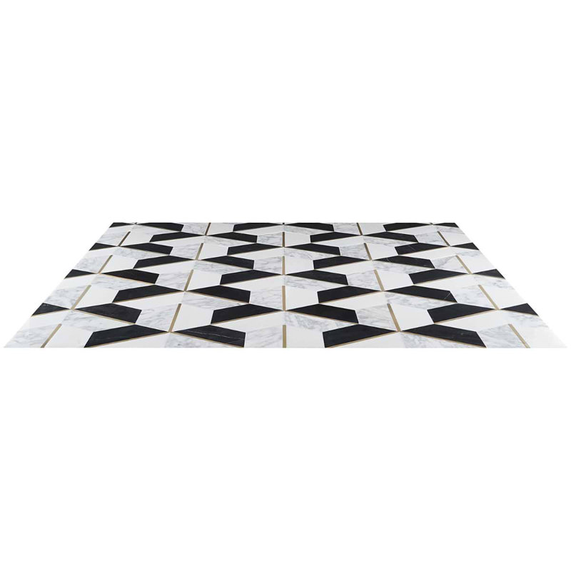 Decade 10x12 Hexagon Polished Marble and Brass Inlay Mosaic Tile, Nero Blanco