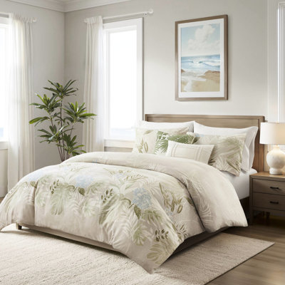 Ensemble de housse de couette et oreiller 100% coton très grand / très grand - conception botanique bleue, fermeture à glissière cachée, housse de 5 étiquettes pour lit, coussins brodés tropicaux, attaches intérieures