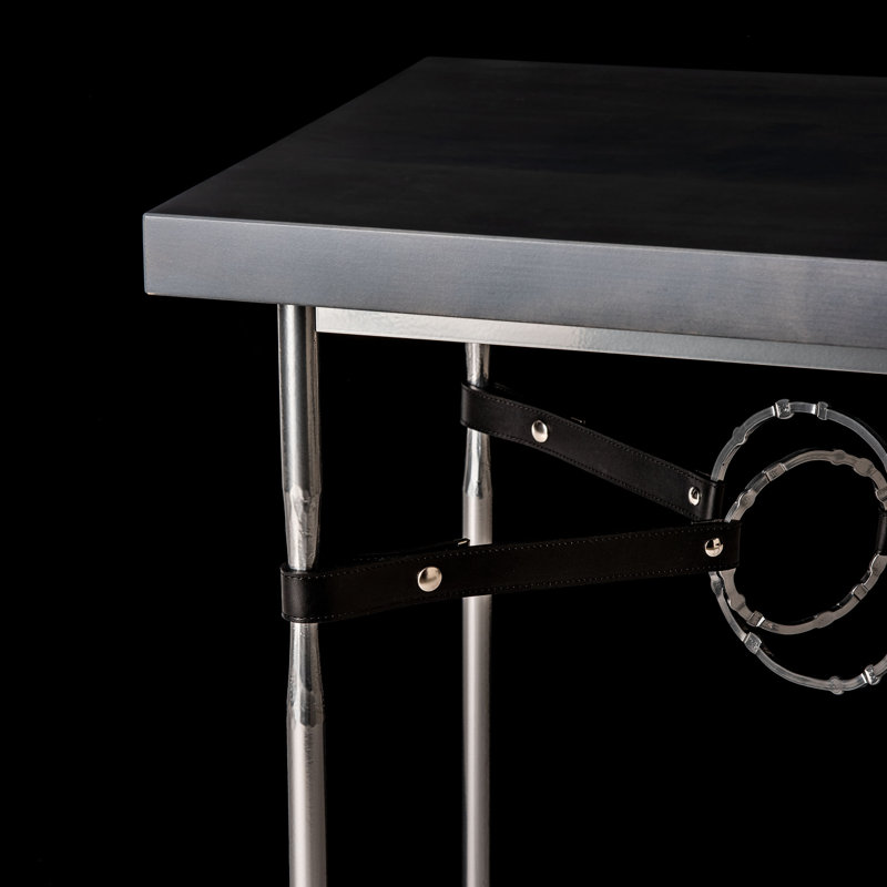Equus Wood Top Side Table, Sterling, Sterling, Black Leather
