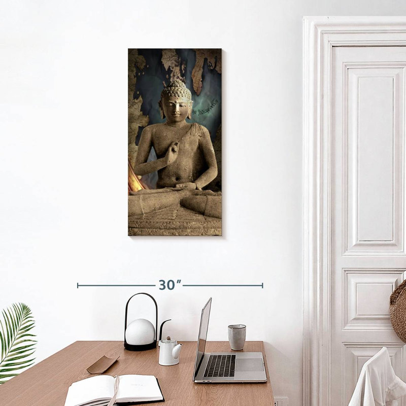 Ancienne impression sur toile Bouddha en pierre, H 30 po x l 15 po x P 1,25 po