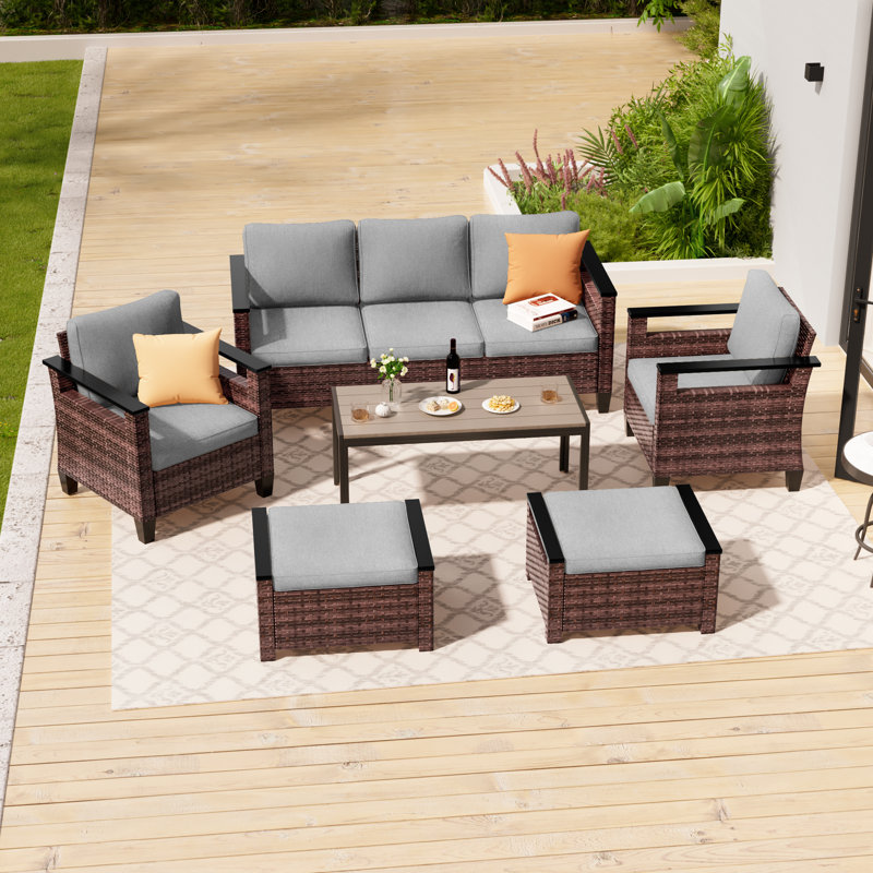 Crezee 6 Piece PE Wicker Patio Conversation Set with Ottoman and Coffee Table, Linen Gray