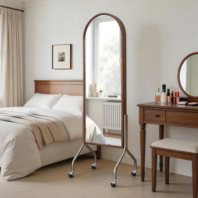 Arched Full Length Mirror with Storage Shelves & Wheels, Rubber Wood Frame Floor Mirror, Freestanding Rolling Mirror with Cart, 2-in-1 Dressing Mirror & Bookcase for Bedroom Living Room