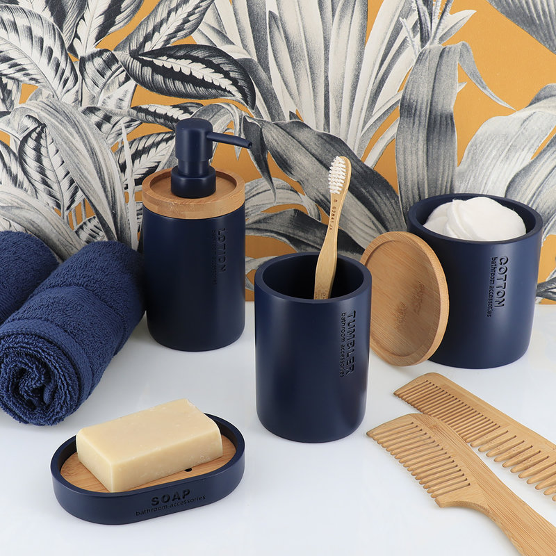Willis Pure Matte Soap Dispenser with Natural Bamboo Top, Navy Blue