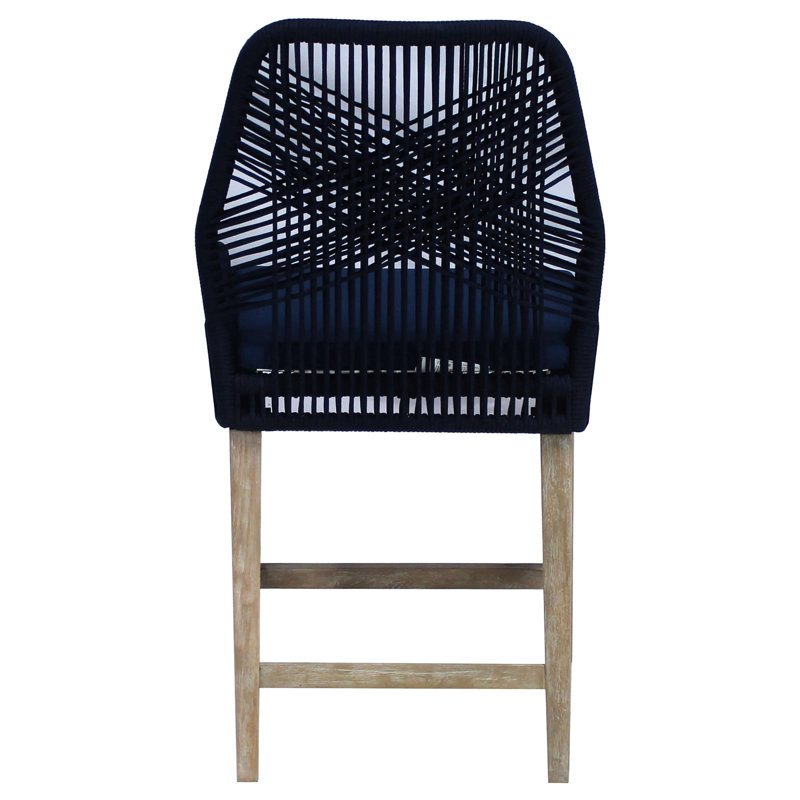 Tabouret à hauteur de comptoir de 2 sièges en tissu et corde tissée bleu foncé, coussin moelleux, repose-pieds stable