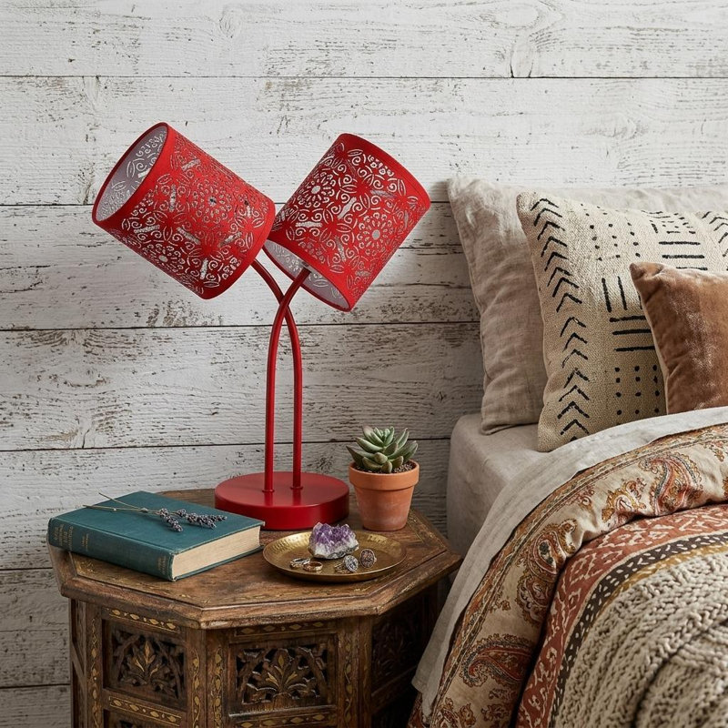 17" In Bohemian Paisley 2-Light Cylinder Red Table Lamp, Red